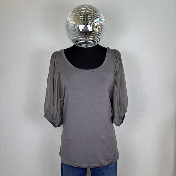 Kensie Sheer Sleeve Scoop Neck Top, Women's Size Large, Gray Puff Sleeve Tee - Picture 2 of 11